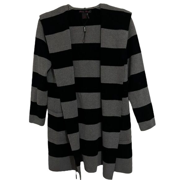 ELENA WANG Long Sleeve Black/Gray Striped Hooded Longline Cardigan S - Picture 1 of 11